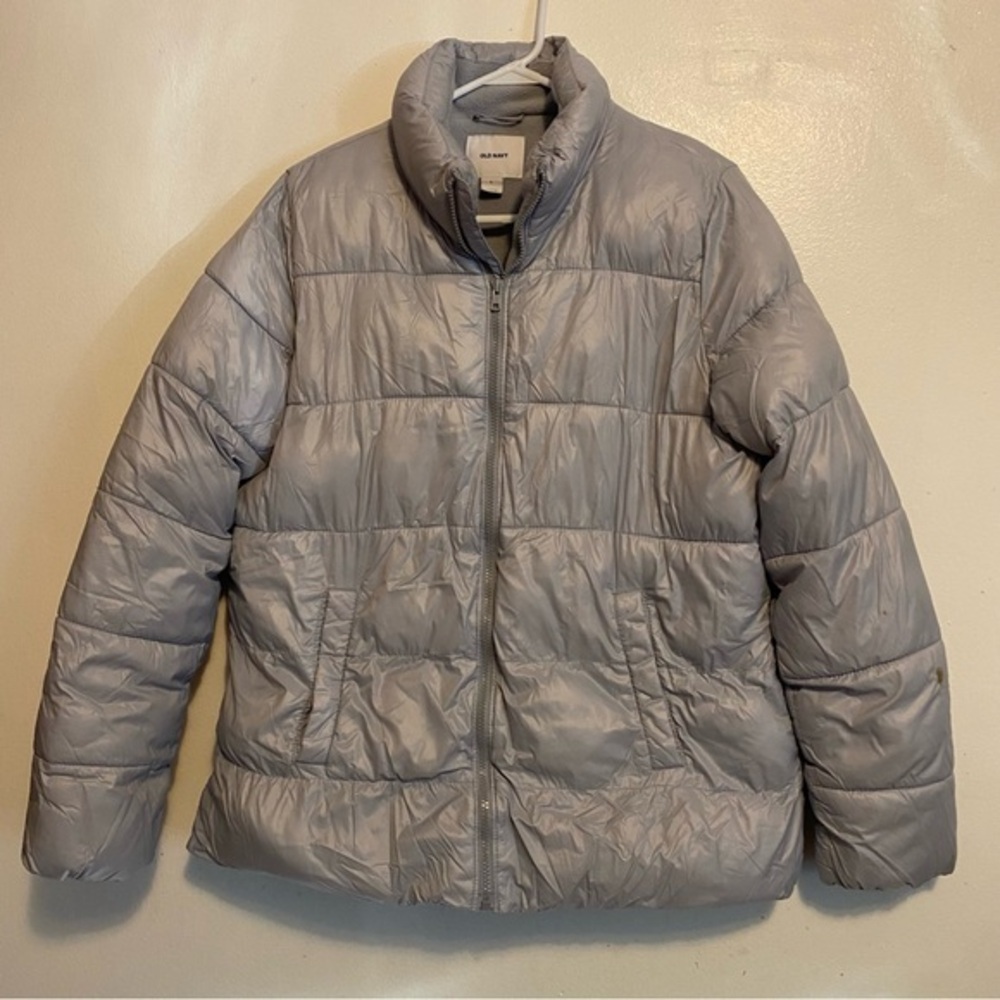 Old Navy Puffer Coat Women’s Size Large Full Zip Gray Collared Pockets Has Flaw